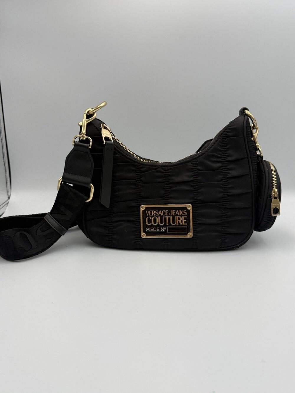 VERSACE JEANS COUTURE Black Ruched Nylon Crossbody Bag Coin Pouch Gold Hardware